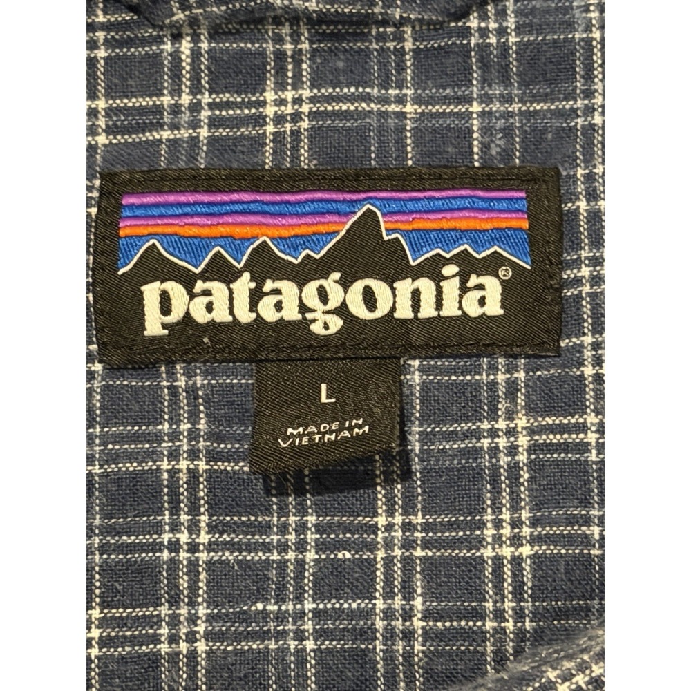 Patagonia Blue White Checkered Plaid Hemp Blend Button Up Pocket Mens Large - Picture 2 of 6